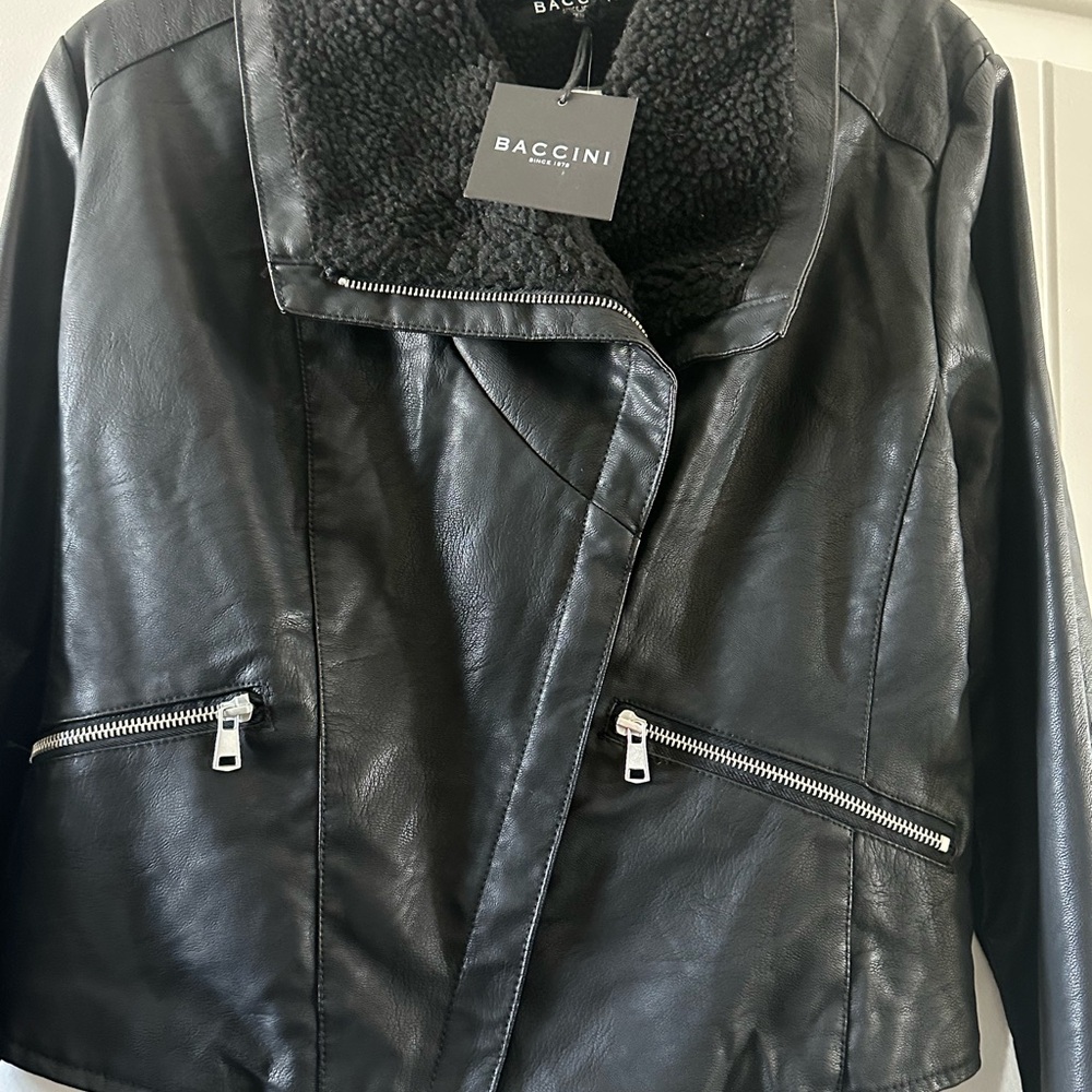 Baccini Black Leather Jacket with Shearling Collar